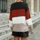 【佰分之衣】亚马逊2023秋季新款欧美时尚女装跨境拼色毛衣套头