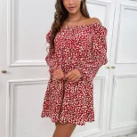 Off Shoulder Leopard Print Beach Dress Square Neck Lightweight Fabric Spring Fall Style Wholesal