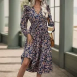 Floral Print V Neck Long Sleeve Dress Ruffled Hem Autumn Style Womens Fashion for Casual Occasio