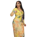 Vintage Floral Bodycon Dress for Women Long Sleeve Round Neck Slim Fit Versatile Style Perfect f