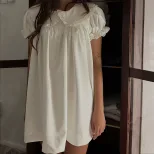 Womens Summer Dress Elegant Slim Fit Loose Puff Sleeve Ruffle Hem White custom packaging
