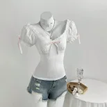 Summer Womens Short Sleeve T Shirt Bow Tie Detail Bubble Sleeve Soft Fabric Casual Wear Ready to