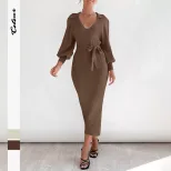 Knitted Sweater Dress for Women Lantern Sleeve Solid Color Autumn Winter Fashion