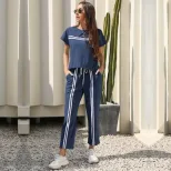 Two Piece Striped Casual Set Short Sleeve Round Neck Trendy Design Perfect for Summer Outings Wholesale Availabl