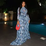 Elegant A Line Maxi Dress for Women Waist Defining Sheer Floral Print High Neck Slim Fit Perfect