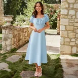 Womens Elegant Solid Color Midi Dress Square Neck Tie Waist A Line Silhouette Summer Casual Wear