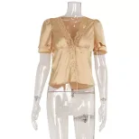 French Lace Panel Tie T Shirt Slim Fit Short Sleeve Summer Style Perfect for Casual Outings Whol