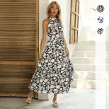 Summer Beach Vacation Floral Print Halter Dress Comfortable Fit Trendy Design Lightweight Fabric