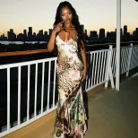 Summer Womens Bodycon Dress Sexy Backless Design Unique Print Spaghetti Straps Perfect for Parti