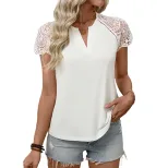 Lace Trimmed Short Sleeve Top Minimalist Design Soft Fabric V Neck Casual Wear for Women Wholesa