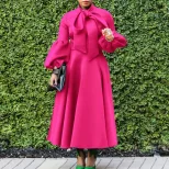 Fashionable High Waisted Lantern Sleeve Dress Plus Size Bow Tie Flared Skirt Spring Summer Occas