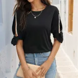 Lace Short Sleeve Top Versatile Minimalist Unique Tie Design Shoulder Cutouts Casual Wear Wholes