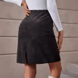High Waisted Corduroy Midi Skirt Chic Lady Style Versatile for Casual or Formal Wear Pre Order A