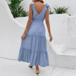 Summer Casual Dress Solid Color Ruffled Hem High Waist Sleeveless Beach Vacation Wear Wholesale