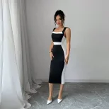 Summer Womens Long Color Block Dress Square Neck Sleeveless Elegant Style Perfect for Casual Out