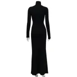 High Neck Long Sleeve Bodycon Dress Elegant Solid Color High Waist Slim Fit Perfect for Autumn a