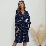 Lace Long Sleeve Blue Polka Dot Dress Elegant Design Comfortable Fit Autumn Winter Style Wholesa