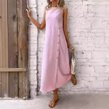 Loose Fit Sleeveless Round Neck Dress Solid Color Straight Cut Comfortable Fabric Casual Summer