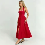 Vintage French Style Halter Neck Tie Dress Backless Waist Cinching Flared Hem High Slit Perfect