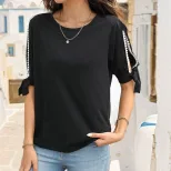 Lace Short Sleeve Top Versatile Minimalist Unique Tie Design Shoulder Cutouts Casual Wear Wholes