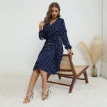 Lace Long Sleeve Blue Polka Dot Dress Elegant Design Comfortable Fit Autumn Winter Style Wholesa