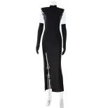 Elegant Sleeveless Evening Gown Solid Color High Slit Slim Fit Includes Gloves Perfect for Red C