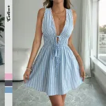 Sleeveless Striped Summer Dress Deep V Neck Vacation Style Trendy Design Available for Wholesale