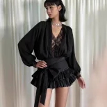 French Style Lace Trimmed Mini Dress Sexy V Neck Long Sleeve Elegant Design Perfect for Autumn E