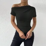 Womens Slim Fit Short Sleeve T Shirt Asymmetrical Neckline Solid Color Summer Style Wholesale Av