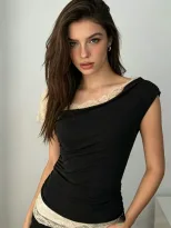 Summer Womens Lace Panel Off Shoulder Short Sleeve T Shirt Comfortable Fit Solid Color Casual St