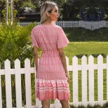 Womens A Line Dress with Tie Detail Short Sleeve V Neck Geometric Print Available in Blue and Pink Wholesale