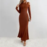 Fashionable Bodycon Long Dress Milk Silk Fabric Hollow Shoulder Design Slim Fit Elegant Style Pe