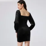 A Line Velvet Dress Square Neck Long Puff Sleeves Elegant Design Perfect for Parties and Special