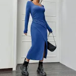 Slim Fit Bodycon Midi Dress Square Neck Long Sleeve Side Slit Elegant Office Wear for Spring Sum