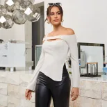 Off Shoulder Hollow Out Top Slim Fit Long Sleeve Side Slit Trendy Casual Wear for Women Wholesal