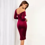 Velvet Midi Dress for Women Wine Red V Neck One Shoulder Design Elegant Evening Gown for Spring
