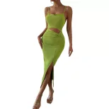 Hollow Out Split Hem Bodycon Knit Dress Adjustable Spaghetti Straps Figure Hugging Fit Sexy Styl