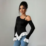 Black One Shoulder Top with Metal Ring Detail Asymmetrical Hem Ruffled White Trim Spring Summer
