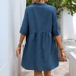 Loose Fit Summer Dress for Women V Neck Short Sleeve Solid Color Casual Wear factory direct