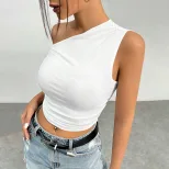 Asymmetrical Shoulder Knit T Shirt Slim Fit Sexy Design Comfortable Fabric Casual Wear for Women