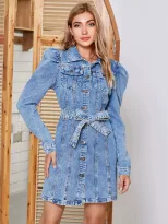Vintage Denim Long Sleeve Dress Slim Fit Waist Defining Comfortable Fabric Perfect for Casual Ou
