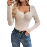 Elegant Womens Fitted Knit T Shirt Pleated Design Spring Summer Style Perfect for Casual or Dres