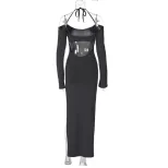 Womens Halter Neck Maxi Dress Sexy Off Shoulder Design Side Slit Lightweight Fabric Spring Summe
