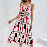 Elegant Ruffled Hem Geometric Print Maxi Dress Colorful Trendy Sleeveless Perfect for Summer Eve