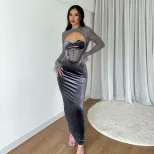 Womens Long Sleeve Sheer Mesh Dress Plush Fabric Hollow Out Design Slim Fit Nightclub Style Autu