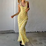 Summer Floral Print Maxi Dress Sweet Fresh Spaghetti Strap Mermaid Hem Milk Silk Fabric Beachwea