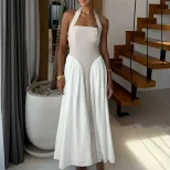 Color Block Halter Backless Maxi Dress Casual Vacation Style Comfortable Fit Available for Whole