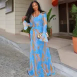 Tie Dye Maxi Dress Lightweight Sheer Slim Fit Flared Sleeves Casual Wear for Spring Summer Whole