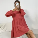 Loose Fit Long Sleeve Dress Cotton Linen Blend Pleated Design Vibrant Red Casual Wear for Spring