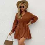 Casual Long Sleeve Dress Solid Color Slim Fit Pleated Design Autumn Winter Fashion Wholesale Ava